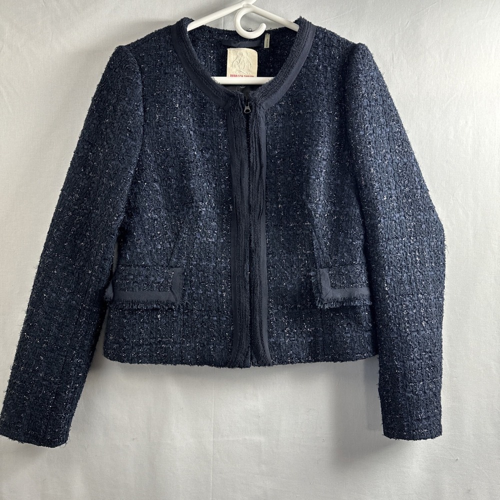Rebecca Taylor Tweed Jacket Womens 6 Full Zip Navy Blue Metallic Cocktail Formal